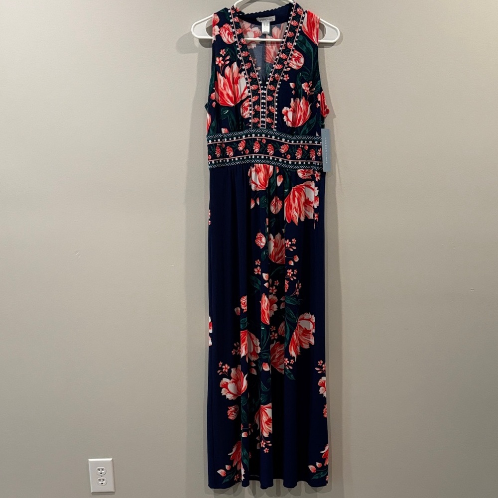 London Times floral print sleeveless navy and coral Maxi Dress